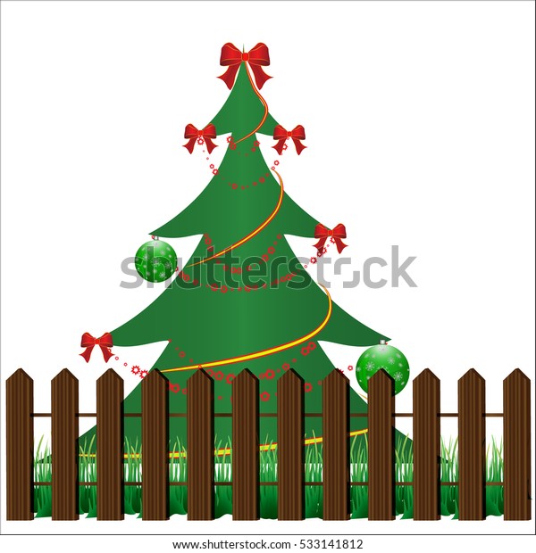 Beautiful Christmas Tree Decorations Behind Wooden Stock Vector