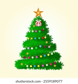 Beautiful Christmas Tree with Decorations, Colorful Ornaments, Gift, Golden Star, candy cane, and Festive Lights on Soft Background, Vector Illustration for Cards, Seasonal Designs, and Celebrations