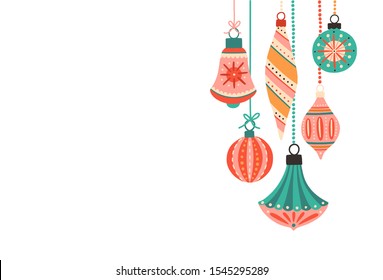 Beautiful Christmas tree decorations flat vector illustration. Xmas backdrop with place for text. Winter holiday decor isolated on white background. New Year greeting card, postcard design element.