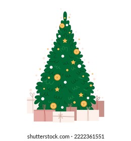 A beautiful Christmas tree in an ecological style. Natural decorations and gifts. New Year's atmosphere. Scandinavian style.