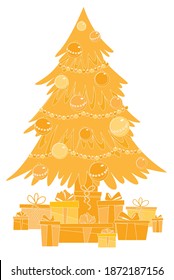 
beautiful Christmas tree in flat style, vector Christmas tree pine in decorations, new year tree on a white background isolated, winter holidays, Christmas tree Eps 10, needle evergreen, yellow spruc