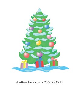 A beautiful Christmas tree flaunts in the forest with New Year's gifts, Christmas tree, Santa, snow, new Year gifts, Christmas decorations, isolate, vector illustration, art, design, background
