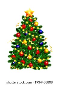 Beautiful Christmas Tree With A Gold Star And Lights On A White Background. Vector Illustration