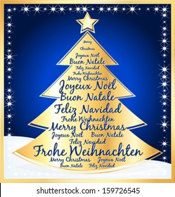 Beautiful Christmas tree with greetings in several languages. Vector blue illustration.