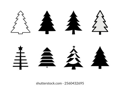 Beautiful Christmas tree icon pack featuring vector silhouettes and forest elements. Includes a variety of tree designs perfect for holiday-themed projects, decorations, and winter designs.