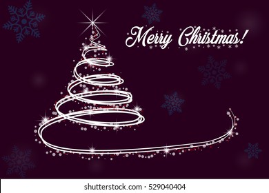 a beautiful christmas tree with merry christmas from snowflakes on dark purple background