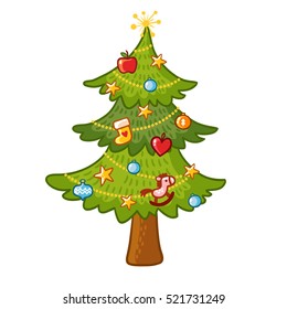 Beautiful Christmas tree on a white background. Vector tree isolation. Elegant New Year tree with toys in the children's style.