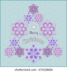 Beautiful Christmas tree with ornamental pattern. Vintage background. Vector illustration.