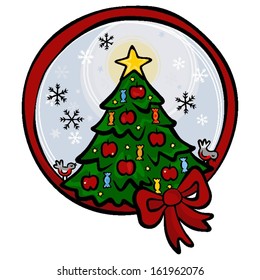 beautiful Christmas tree with red apples and colorful candy with red ribbon around winter holidays Christmas New Year time illustration isolated on white background