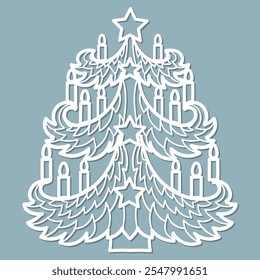 Beautiful Christmas tree. Template for laser cutting from paper, cardboard, wood, metal, etc. For the design of Christmas and New Year cards, invitations to a Christmas party, Christmas tree decoratio