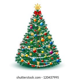 Beautiful Christmas Tree with Toys and Garland Lights. Vector AI EPS 10 file.