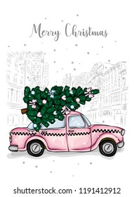 A beautiful Christmas tree in the vector. Illustration for a card or poster. New Year's and Christmas. Taxi, car.