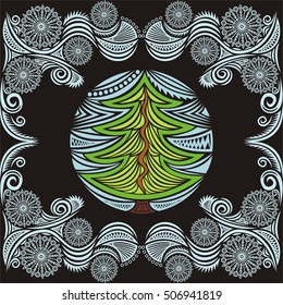 Beautiful Christmas tree and winter background with snowflakes. Vector illustration.