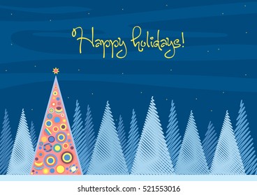 Beautiful Christmas tree winter flat landscape background. Christmas forest woods in night. New Year Happy Holidays vector greeting card