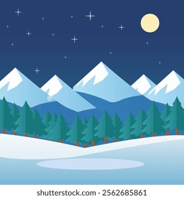 Beautiful christmas trees in snowfall winter mountain landscape vector illustration.