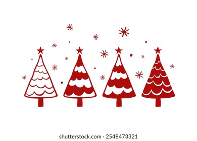 Beautiful Christmas trees and snowflakes. Colored silhouette. Front side view. Vector simple flat graphic hand drawn illustration. Isolated object on white background. Isolate.