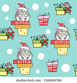 Beautiful Christmas unicorn, cardboard gifts on a blue background seamless pattern