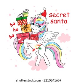 Beautiful christmas unicorn with present and santa hat. Vector cartoon illustration. Happy New Year card for children