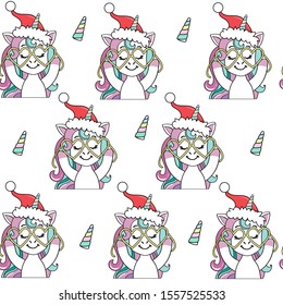 Beautiful christmas unicorn in santa claus hat on white background seamless pattern