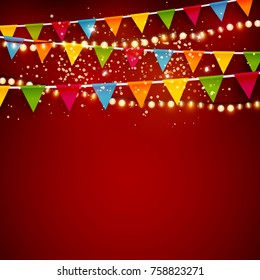 Beautiful Christmas vector background with colorful party bunting flags and shiny Xmas lights with copyspace for your design