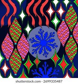 Hermoso diseño de Vector de Navidades con delicados copos de nieve y decoraciones festivas sobre un vibrante fondo naranja, azul, verde y rojo. La tipografía elegante realza las vacaciones alegres
