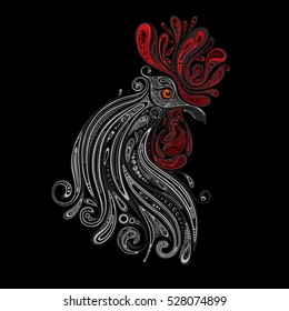 Beautiful Christmas vector rooster with red crest on black background