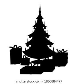 Hermosa silueta vectorial de Navidad con un árbol de navidad y regalos.