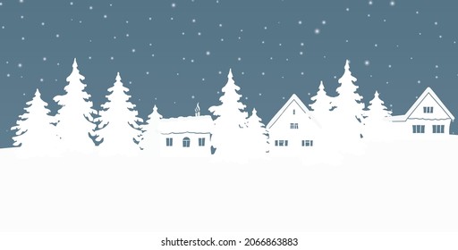 Beautiful Christmas winter flat landscape background. Christmas forest woods with mountains. New Year vector greeting card.