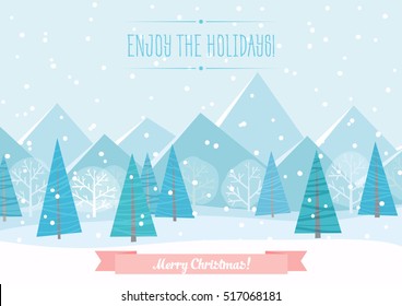 Beautiful Christmas winter flat landscape background. Christmas forest woods with mountains. New Year vector greeting card