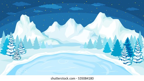 Beautiful Christmas winter flat landscape background. Christmas forest woods with mountains. New Year vector greeting card