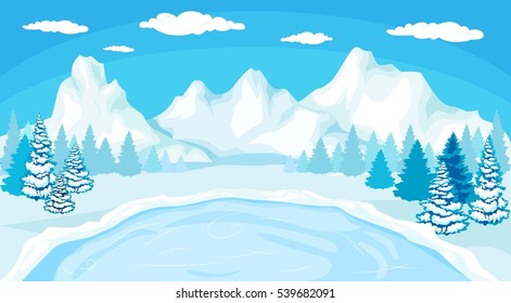 Beautiful Christmas winter flat landscape background. Christmas forest woods with mountains. New Year vector greeting card