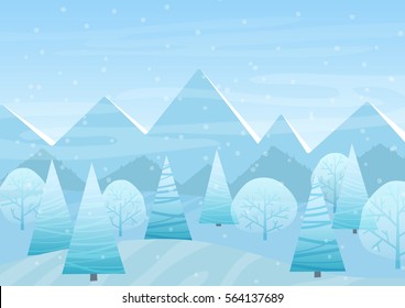 Beautiful Christmas winter flat landscape background. Christmas forest woods with mountains. New Year winter vector landscape