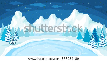 Beautiful Christmas winter flat landscape background. Christmas forest woods with mountains. New Year vector greeting card