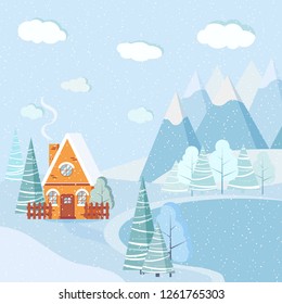 Beautiful Christmas winter lake landscape background with mountains, snow, trees, spruces, country cartoon house in flat style. Vector nature background illustration.