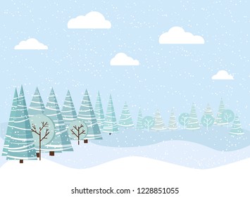 Beautiful Christmas winter landscape background with snow, trees, clouds, spruces in cartoon flat style. Vector backgeound illustration.