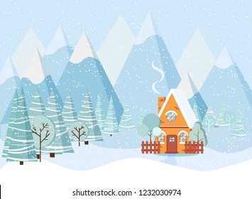 Beautiful Christmas winter landscape background with mountains, snow, trees, spruces, country house in cartoon flat style. Vector illustration.