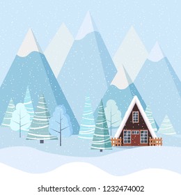 Beautiful Christmas winter landscape background in flat style. Christmas forest woods with mountains, a-frame country house.