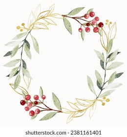 Beautiful Christmas Winter Plants elements wreath frames in watercolor style