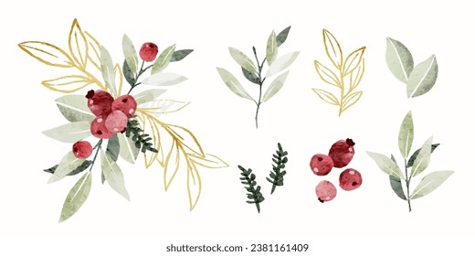 Beautiful Christmas Winter Plants elements border set in watercolor style