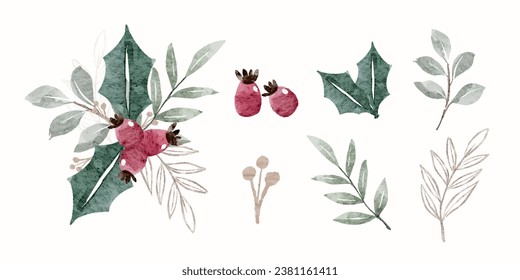 Beautiful Christmas Winter Plants elements border set in watercolor style