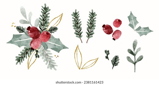 Beautiful Christmas Winter Plants elements border set in watercolor style
