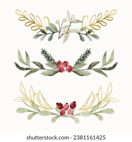 Beautiful Christmas Winter Plants elements border set in watercolor style