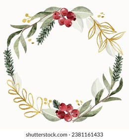 Beautiful Christmas Winter Plants elements wreath frames in watercolor style