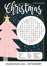 Beautiful Christmas word search puzzle with pink tree. Crossword game about winter holidays. Printable activity worksheet for learning English.  Family party card. Suitable for social media post. 