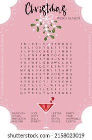 Beautiful Christmas word search puzzle. Crossword game about winter holidays. Printable activity worksheet. Party card. Suitable for social media post.