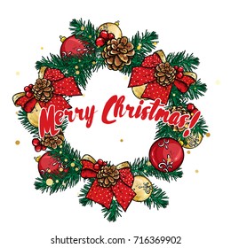 A beautiful Christmas wreath made of fir branches, decorated with balls, bows and cones. Vector illustration for a postcard or a poster. New Year's and Christmas.