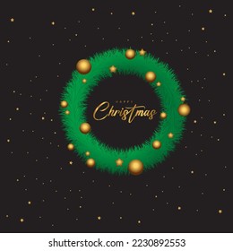 Beautiful Christmas wreath on Black background with golden star and ball top view. Space for text