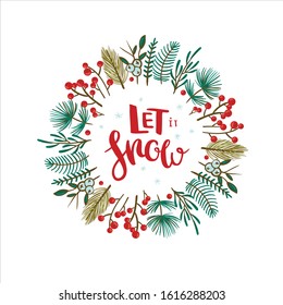 Beautiful Christmas wreath with red berries and pine branches. Round floral wreath for winter holidays. Vector illustration with floral Christmas wreath. 