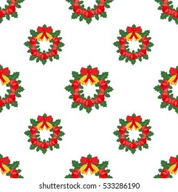 Beautiful christmas wreath. Seamless background. Vector in flat style.
