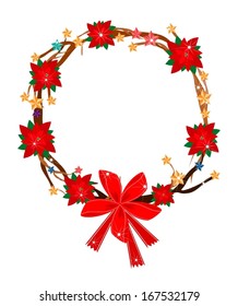 A Beautiful Christmas Wreath of Tree Branch Decorated with Red Poinsettia Plants, Star Ornaments and Red Bow, Sign for Christmas Celebration. 